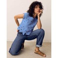 Per Una Floral Open Knit Crop Top Fresh Blue