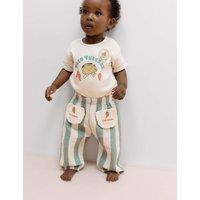 M&S Pure Cotton Striped Taco Tuesday Trousers (0-5 Yrs) Green Mix