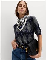 M&S Argyle Crew Neck Slim Fit Knitted Top Navy Mix