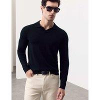 Autograph Pure Extra Fine Merino Wool Knitted Polo Shirt Dark Navy