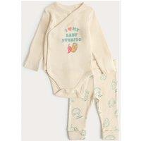 M&S 2 Piece Cotton Rich Top and Bottom Outfit (0-12 Mths) Buttermilk