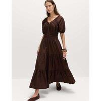 M&S Pure Cotton Tie Detail Midaxi Waisted Dress Dark Chocolate