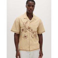 M&S Pure Cotton Embroidered Short Sleeve Shirt Natural Mix