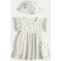 M&S 2 Piece Pure Cotton Dress with Hat (0-5 Yrs) Blue Mix