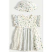 M&S 2 Piece Pure Cotton Dress with Hat (0-5 Yrs) Blue Mix