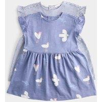 M&S 2 Pack Pure Cotton Bird & Striped Dresses (0-3 Yrs) Blue Mix