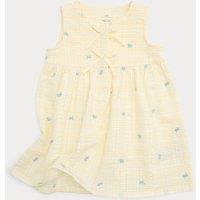 M&S Pure Cotton Gingham Floral Dress with Bows (0-5 Yrs) Yellow