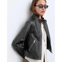Autograph Leather Collarless Cropped Biker Jacket Black
