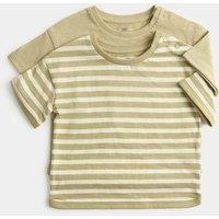 M&S 2 Pack Pure Cotton Stripe T-Shirts (0-5 Yrs) Khaki