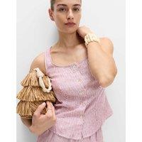 M&S Linen Rich Striped Button Through Top Wine Mix