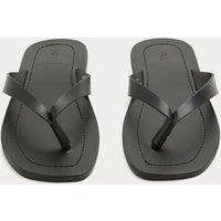 M&S Leather Flat Square Toe Flip Flops Black