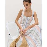 M&S Linen Rich Lace Insert Strappy Midi Shift Dress Pink Mix