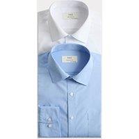 M&S 2 Pack Regular Fit Easy Iron Cotton Blend Shirts White/Med Blue