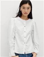 M&S Pure Cotton Printed Button Through Blouse Soft White