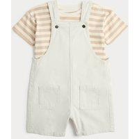 M&S Ecru Denim Dungarees & Striped Tee Outfit (0-3 Yrs) Ecru
