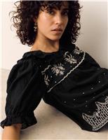 Per Una Pure Cotton Embroidered Lace Collar Blouse Black