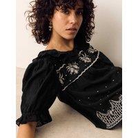 Per Una Pure Cotton Embroidered Lace Collar Blouse Black