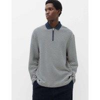 M&S Pure Cotton Half Zip Striped Polo Shirt Navy