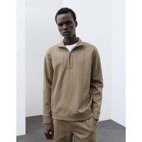 Autograph Pure Cotton Textured Striped Half Zip Jacket Sable