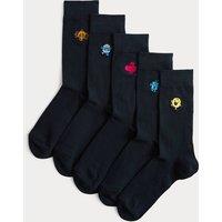 M&S 5 Pack Mr Men Embroidered Cotton Rich Socks Navy Mix