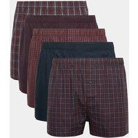 M&S 5pk Pure Cotton Checked Woven Boxers Burgundy Mix