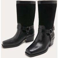 M&S Leather Biker Buckle Block Heel Mid Calf Boots Black