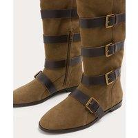 M&S Suede Buckle Strap Mid Calf Flat Boots Khaki