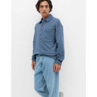 M&S Pure Cotton Heavyweight Long Sleeve Polo Shirt Dusty Blue
