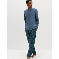 M&S Pure Cotton Henley Checked Pyjama Set Blue Mix
