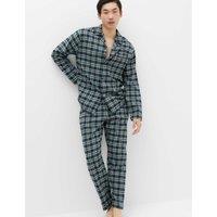 M&S Pure Cotton Brushed Check Pyjama Set Green Mix