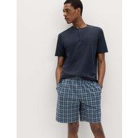 M&S Pure Cotton Henley Checked Pyjama Set Navy Mix