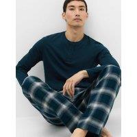 M&S Brushed Cotton Henley Checked Pyjama Set Green Mix