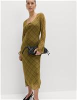 Checked Scoop Neck Long Sleeve Midaxi Column Dress