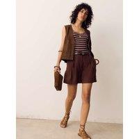 Per Una Linen Blend High Waisted Pleat Front Shorts Conker