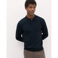 M&S Cotton Blend Smart Rib Knit Polo Shirt Navy