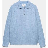 M&S Lofty Ribbed Buttoned Knitted Polo Shirt Mid Blue