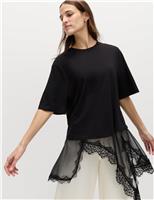 M&S Cotton Blend Lace Hem Detail T-Shirt Black