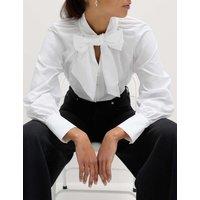 M&S Pure Cotton Pussy Bow Tie Neck Shirt Soft White