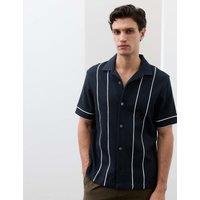 Autograph Cotton Rich Piped Stripe Knitted Polo Shirt Dark Navy