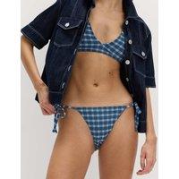 M&S Textured Checked Tie Side Bikini Bottoms Blue Mix
