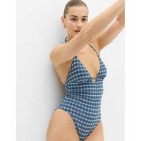 M&S Textured Halter Neck Swimsuit Blue Mix