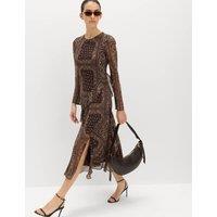 M&S Printed Frill Detail Midi Column Dress Brown Mix