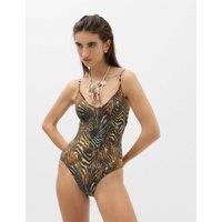 M&S Tummy Control Printed Deep Plunge Swimsuit Dark Green Mix