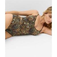 M&S Tummy Control Printed Plunge Tankini Top Dark Green Mix