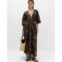 M&S Pure Cotton Printed V-Neck Sheer Kaftan Brown Mix