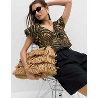 M&S Printed Puff Sleeve Volume Top Dark Green Mix