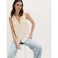 M&S Lyocell Rich V-Neck Frill Detail Top Light Cream