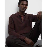 Autograph Half Zip Ribbed Long Sleeve Knitted Polo Shirt Teak