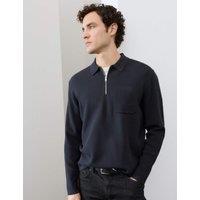 Autograph Half Zip Ribbed Long Sleeve Knitted Polo Shirt Dark Navy