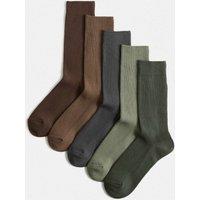 M&S 5 Pack Cotton Rich Ribbed Socks Dark Green Mix